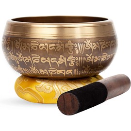 Large Tibetan Singing bowl Set - Bronze Style - Easy To Play - 5" Sound Yoga Bowl Mantra Design Mindfulness Meditation Healing Sound Gift By Himalayan Bazaar
