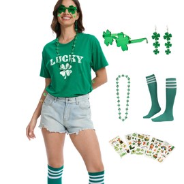St Patricks Day Shirt Women Green Shamrock Lucky Clover Tee Funny Outfits Costume Earrings Necklace Glasses Socks Tattoos Accessories Set Lucky Set L