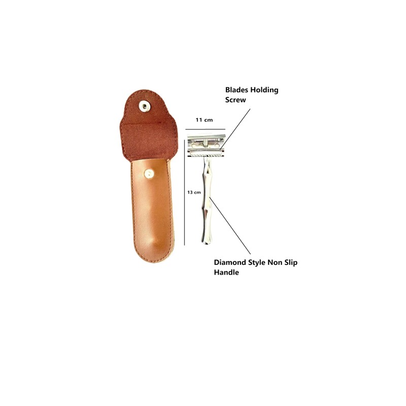 Classic Safety Razor Handle with Brown Leather Travel Case, Chrome-Plated