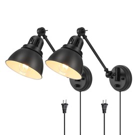 GOODATE Plug in Wall Sconces Set of 2, ENCOMLI Wall Sconce Lighting with Dimmable On Off Switch, Swing Arm Wall Lamp, Black Metal Industrial Wall Light Fixtures, Safety E26 Base, 6FT Plug in Cord