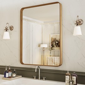 LOAAO 24X32 Inch Bathroom Mirror with Wood Grain Colored Metal Frame, Rounded Rectangle Metal Framed Bathroom Mirror, Anti-Rust, Hangs Horizontally or Vertically
