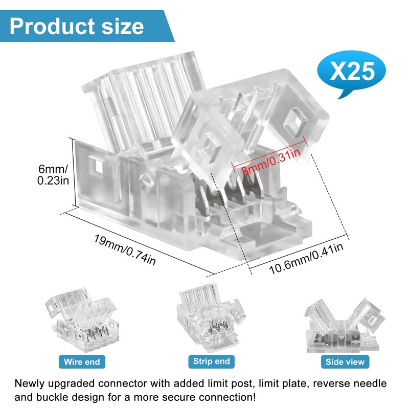 RGBZONE 25Pcs 8mm 4 Pin LED Connectors Gapless Solderless LED
