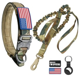 Tactical Dog Collar and Bungee Leash, Camo Military Dog Collar & Leash Set with USA American Flag Adjustable K9 Collar with Heavy Duty Metal Buckle & Handle,with Patches and Airtags Case (XL, Camo)