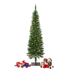 5FT Pre-Lit Pencil Christmas Tree with 300 LED Lights, Artificial Christmas Tree with Metal Stand, for Home Office Party Decoration, Green