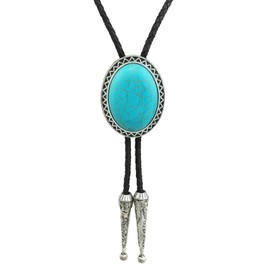 SELOVO Genuine Leather Bolo Tie for Men Native Western Created Turquoise Stone Silver Tone