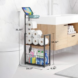 Towel Storage for Bathroom, Freestanding Toilet Paper Holder Stand with Storage, 4-Tier Free Standing Organizer with Phone and Tablet Shelf, Large Basket and Roll Dispenser, Towel Rack