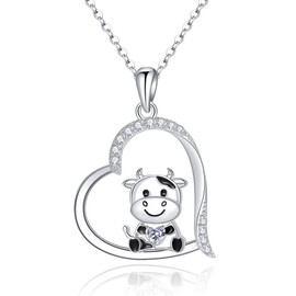 Fryneauy Cow Necklace 925 Sterling Silver Pendant Necklace Cow in the Heart Gifts for Women