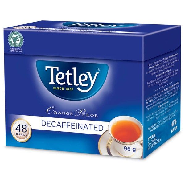 Tetley Orange Pekoe Decaffeinated Black Tea - 48 Tea Bags, 96 Grams