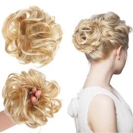 Messy Hair Bun Scrunchie with Elastic Band Dirty Blonde Tousled Updo Elastic HairBun Hairpiece for Bun Making Curly Wavy Scrunchies HairBun Hair Piece for Women Girls Ponytail