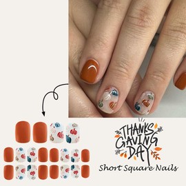 Fall Press on Nails Short Square Glue on Nails with Cute Colorful Pumpkin Design Glossy Orange Red Fake Nails Reusable Autumn False Nail Thanksgiving Day Holiday Stick on Nail for Women Girls 24Pcs