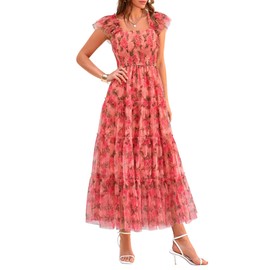 PRETTYGARDEN Women's Summer Midi Tulle Dress Sleeveless Smocked Square Neck Ruffle Flowy Party Wedding Guest Sundress (Floral Orange Pink Red,Medium)