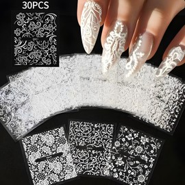 30 Sheets White Lace Nail Stickers Flower Nail Stickers for Nail Art 3D Self-Adhesive Nail Decals White Flower Nail Art Supplies Decoration Accessories for Women and Girls