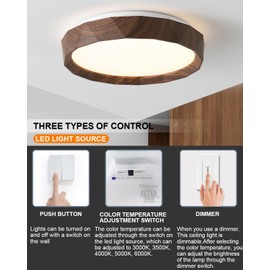 ANYLOVE 12 inch LED Flush Mount Ceiling Light Fixture,3000K 4000K 5000K Adjustable Ceiling Lights, Farmhouse Wooden Ceiling Light for Bedroom Hallway Bathroom Kitchen