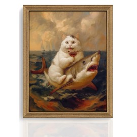 ICHZUMW Funny Cat Riding Shark Canvas Wall Art Framed, Quirky White Cat Portrait Picture Print, Humorous Unique Whimsical Animal Painting Wall Decor for Bathroom Restroom Living Room Bedroom, 8x10in
