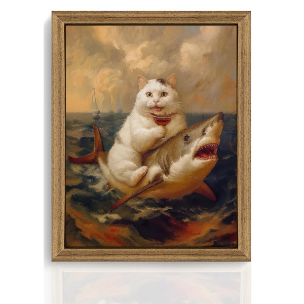 ICHZUMW Funny Cat Riding Shark Canvas Wall Art Framed, Quirky