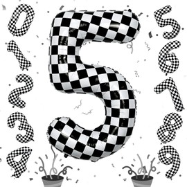 40 Inch Checkered 5 Number Balloons, Large Foil Self Inflating 5th Birthday Racing Balloons Decor, Black and White Checkered 5 Ballons for Boys 5th Birthday Race Car Flag Party Decorations Supplies