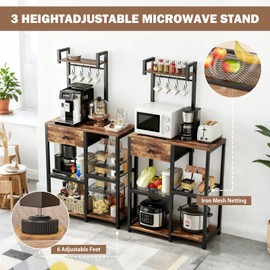 Usumairu Kitchen Bakers Rack,Microwave Stand with Storage,Adjustable 6 Tier Coffee Bar Staion,Free Standing Bakers Rack with Drawer and Hooks,Kitchen Appliance Storage Shelf for Spices,Pots