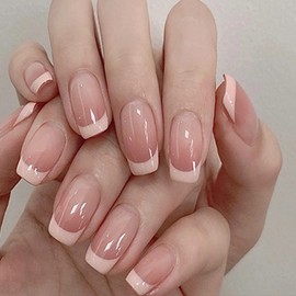 BEYEHO 24 Pcs Acrylic Press on Nails Square Medium, Glue on Nails for Women, Fake Nails with Glue and Nail File False Nails Set for Nails Salon DIY Home-Transparent Gold Pink