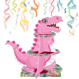 3 Tier Pink Dinosaur Cupcake Stand Party Decorations,Pink Dinosaur Theme Cupcake Holder Decorations,Dinosaur Dessert Tower Jungle Dino Theme Party Birthday Supplies