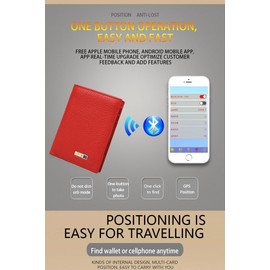 Clever Anti-Lost Wallet with Alarm, Bluetooth, Position Record (via Phone GPS) Tracker Item Finder, Bifold Cowhide Leather Locator Intelligent Trackable Minimalist Credit Card Purse (Red, Vertical)