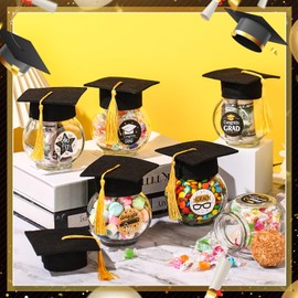 Funnymoom 20 Sets Glass Graduation Candy Gifts Glass Jar with Cap and Tassel Graduation Candy Boxes Containers with Sticker for 2025 Grad Ceremony Party Decoration DIY Supplies(Black and Gold)
