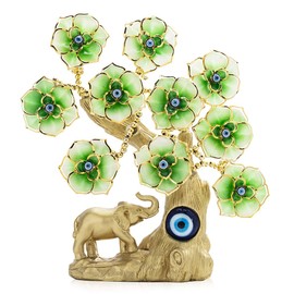YU FENG Turkish Blue Evil Eye Gold Fortune Tree with Elephant Figurine and Green Flowers for Home Decor