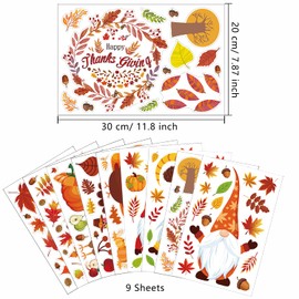 9 Sheets Fall Thanksgiving Window Clings Autumn Gnome Window Decals Maple Leaf Window Stickers Turkey Window Clings for Thanksgiving Fall Home Kids Party Decorations Supplies