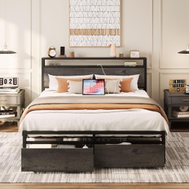 LIKIMIO Queen Bed Frame with Storage Headboard, Platform Bed with Drawers and Charging Station, No Box Spring Needed, Easy Assembly, Charcoal Grey