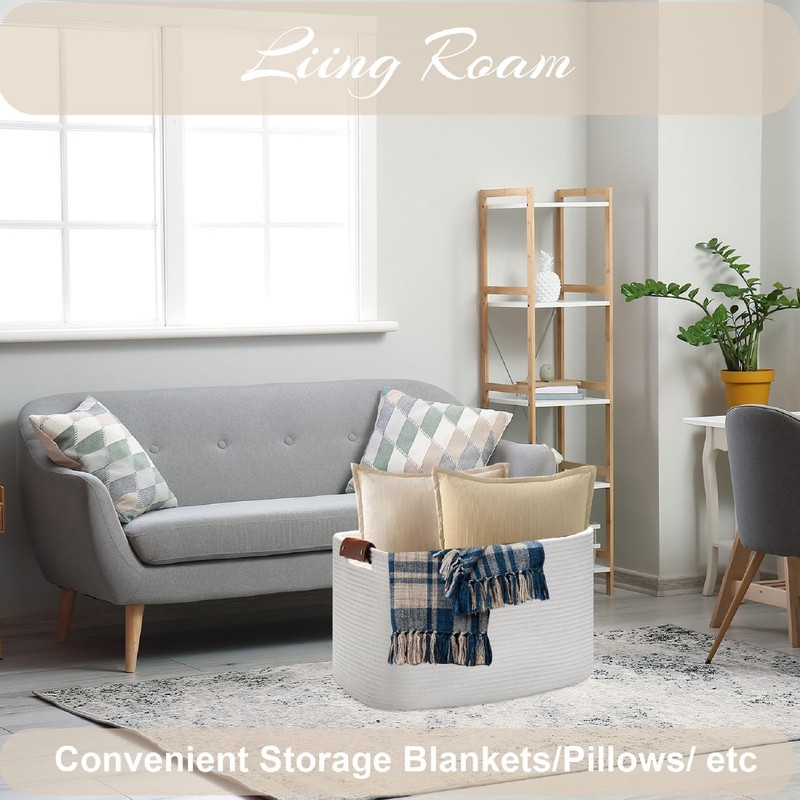 Large Cotton Rope Storage Basket with Leather Handles, Laundry Hamper