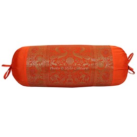 Stylo Culture Indian Polydupion Cylindrical Tubular Bolster Pillow Cover Orange Jacquard Brocade Border Elephant Large Diwan Cylinder Pillow Cushion Cover (1 Pc) | 30x15 Inches (76x38 cm)