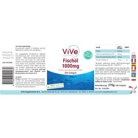 Fish Oil - 200 Softgels - 3000 mg per Daily Dose - with EPA, DHA and Vitamin E - High Dose - Organic Available - Quality from Germany ViVe Supplements
