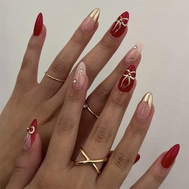 Long Almond Press on Nails French Tip Fake Nails with 3D Bow Star Glue on Nail Full Cover Acrylic False Nails Artificial on Nail Women and Girls Salon Manicure Decoration Accessories Kit