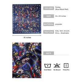 35” Large Square Satin Head Scarf - 3Pcs Satin Hair Scarves Silk Bandana Scarf Beach Headscarf Silk Feeling Scarfs for Women(Paisley(blue/Black/Red))