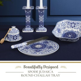 Spode Judaica Round Challah Tray, Traditional Blue & White Floral Star of David Design - Shabbat & Jewish Holiday Serving Plate for Bread, Pastries & Fruit - 11.5-Inch Fine Porcelain, Dishwasher Safe