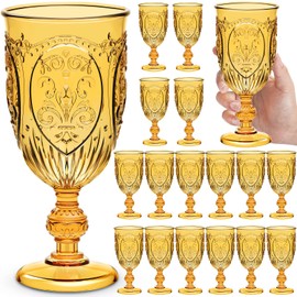 Wiwiqing 18 Pack Plastic Goblets 10oz Upgrade Vintage Water Goblet Plastic Wine Glasses Colored Retro Embossed Glassware for Party Wine Bar Juice Baby Shower Wedding Reception Grand (Amber)