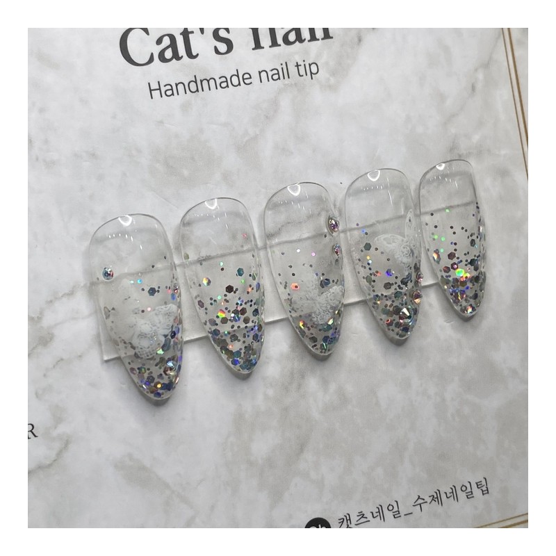 Glitter Butterfly Nail Handmade Nail Tips - Long Square /