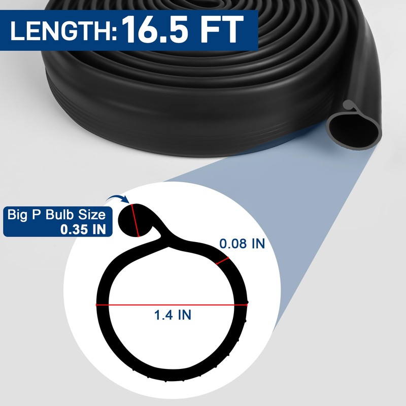 16.5FT Garage Door Bottom Seal Rubber 0.35'' Big P Bulb