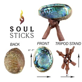 Soul Sticks Abalone Shell for Smudging 4–6" with Wooden Tripod Stand – Natural Shell Burner for Sage, Incense, Palo Santo & Resin – Sustainable, Hand-Polished, with Smudge Guide (6 Inch)