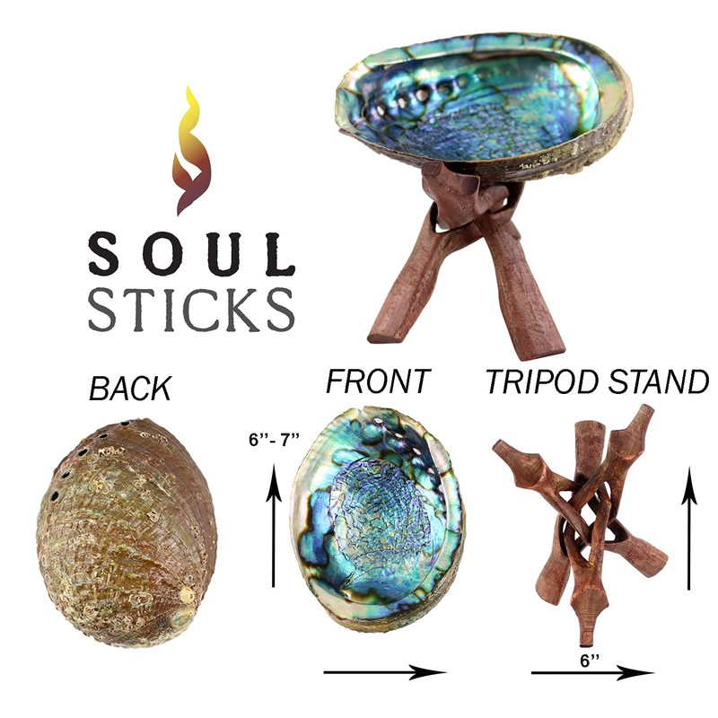 Soul Sticks Abalone Shell for Smudging 4–6" with Wooden Tripod