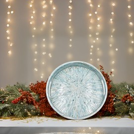 PEMAR 12.6” Mother of Pearl Round Serving Tray with Handles, Decorative Nacred Wooden Ottoman Coffee Table Tray (Teal Sunlight)