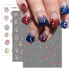 3Sheets 4th of July Nail Art Stickers Decals Red Blue White Fireworks 5D Self-Adhesive Embossed Nail Decals Fireworks Designs Nail Decals for Women Independence Day Manicure Decoration