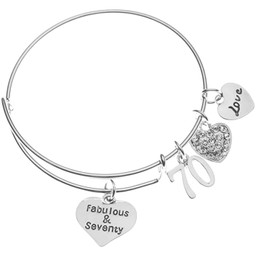 Infinity Collection 70th Birthday Charm Bracelet – Fabulous & Seventy Bangle Jewelry, Unique Gift for Women, Special 70th Celebration Present