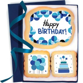 Happy Birthday Cookies Blue Gift Basket For Men and Boys Him Decorated Sugar Cookie Gift Box Mens | Nut Free | 3 Pack | Kosher