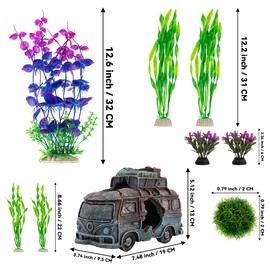 BEGONDIS Underwater Car Wreck with 8 Pieces Plastic Plant Set Artificial Polyresin Aquarium Ornament Aquatic Model Decoration Fish Tank Marine Decor Ornaments