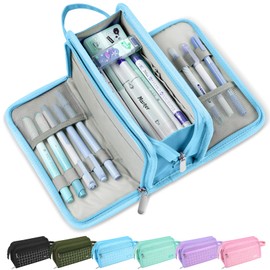 Sooez Large Pencil Case, Big Capacity Pencil Pouch Pen Bag with 3 Compartment, Portable Canvas Stationery Organizer with Zipper, Cute Aesthetic School Supplies for Teen Girls, Sky Blue with Plaid