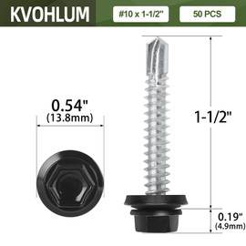 #10 x 1-1/2" (50 PCS) Black Metal Roofing Screws with Rubber Washer, Hex Head Self Tapping Screws for Metal, Self Drilling Sheet Metal Screw, Hex Bit Socket Included