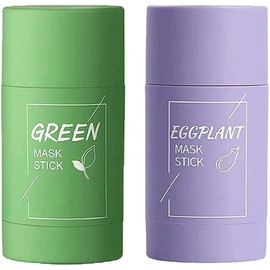 2 Pcs Green Tea/Eggplant Acne Clearing Solid Mask,Natural Green Tea Purifying Clay Mask Stick,Blackhead Deep Cleansing Mask,Deep Clean Pore Oil Control Anti-Acne For All Skin Types Men Women