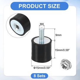 sourcing map M4 Rubber Mounts, 8Pcs 15x15mm(DxH) Rubber Cylindrical Anti Vibration Isolator Shock Absorber with Lock Nut for Car Bobbin Generator Air Compressors