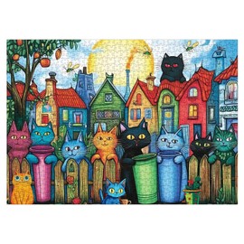 Funny Cat Puzzles for Adults 1000 Pieces, Cute Colorful Kitten Jigsaw Puzzles, Art Difficult Animal Kitty House Painting Puzzle