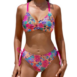 CUPSHE Women's 2 Piece Bikini Set Back Braided Straps with Reversible Bottom, Magenta/ Ditsy, Medium